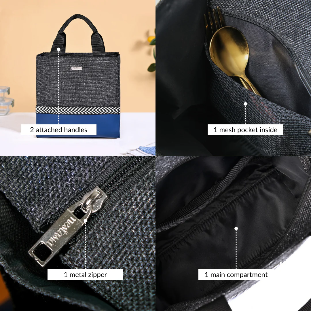 Black Blue Jute Lunch Bag - Image 5