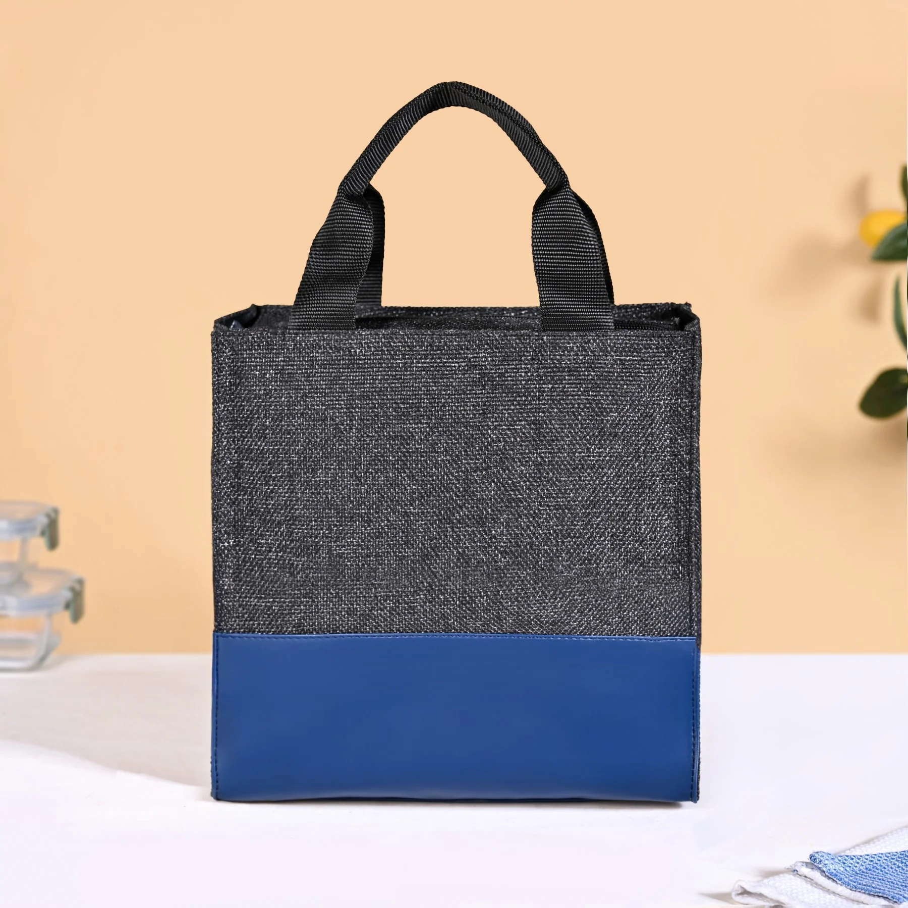 Black Blue Jute Lunch Bag - Image 9