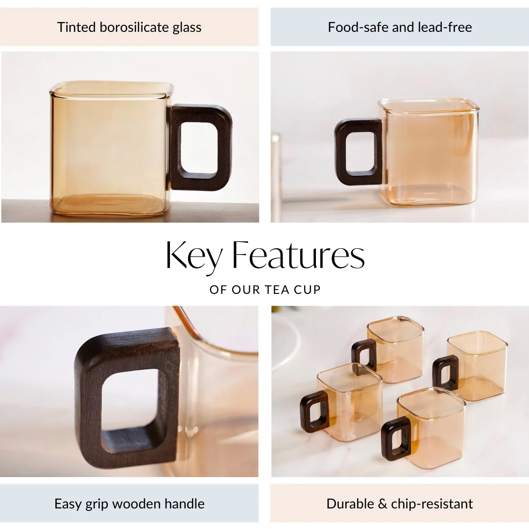 Amber Tinted Square Cups With Wooden Handle Set Of 4 200ml - Image 5