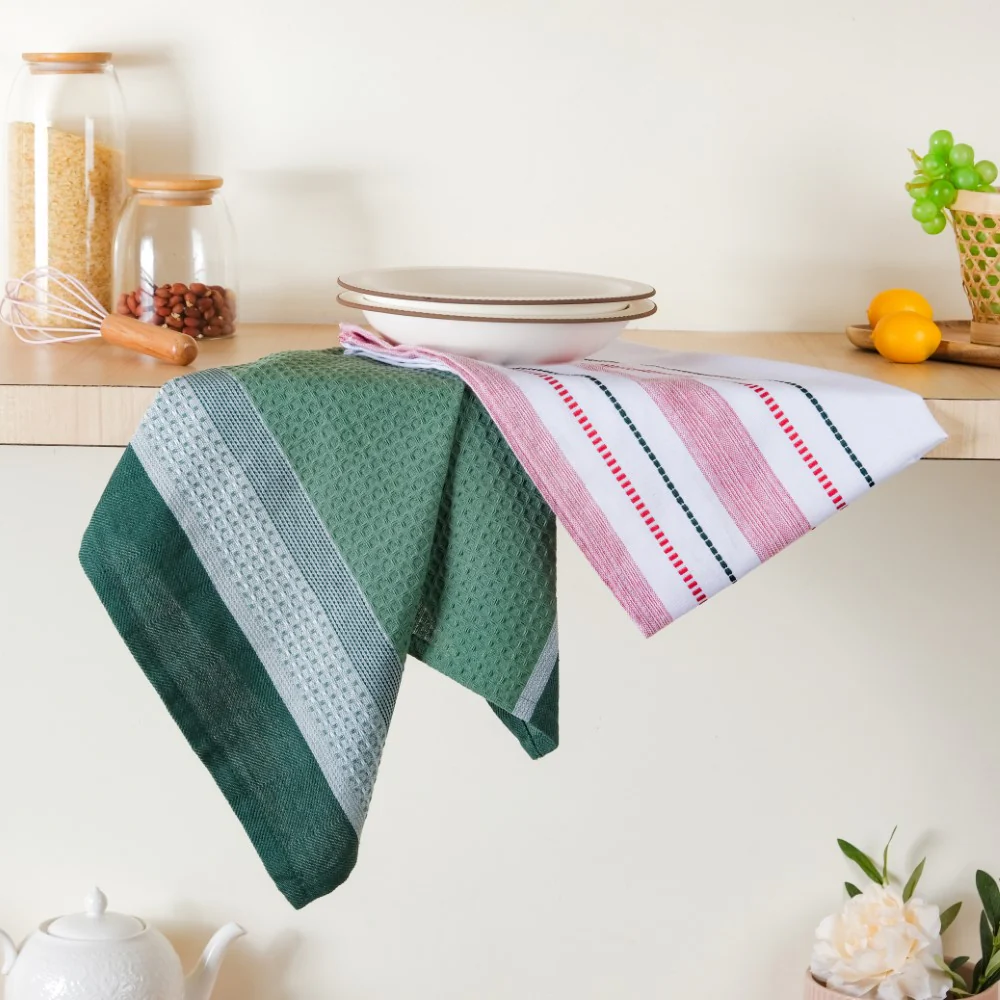 Green White Stripes Cotton Hand Towel Set Of 2 - Image 3