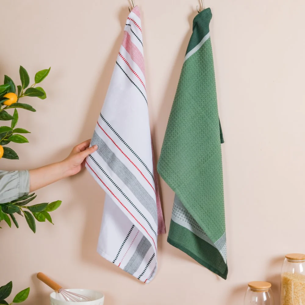 Green White Stripes Cotton Hand Towel Set Of 2 - Image 4