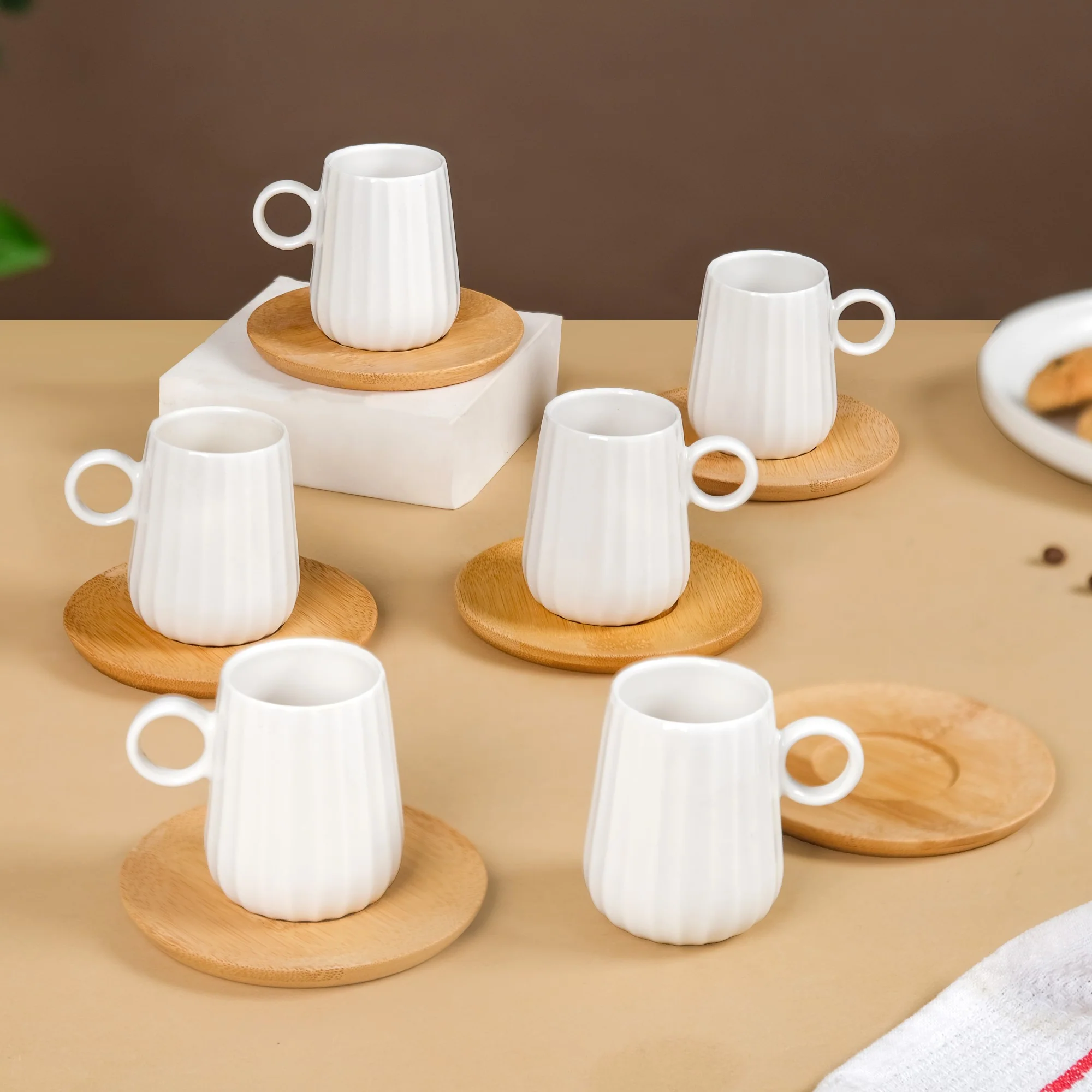 Chic Espresso Coffee Cup And Wooden Saucer Set Of 6 100ml - Image 3