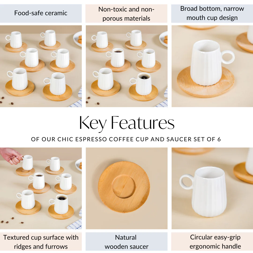 Chic Espresso Coffee Cup And Wooden Saucer Set Of 6 100ml - Image 5