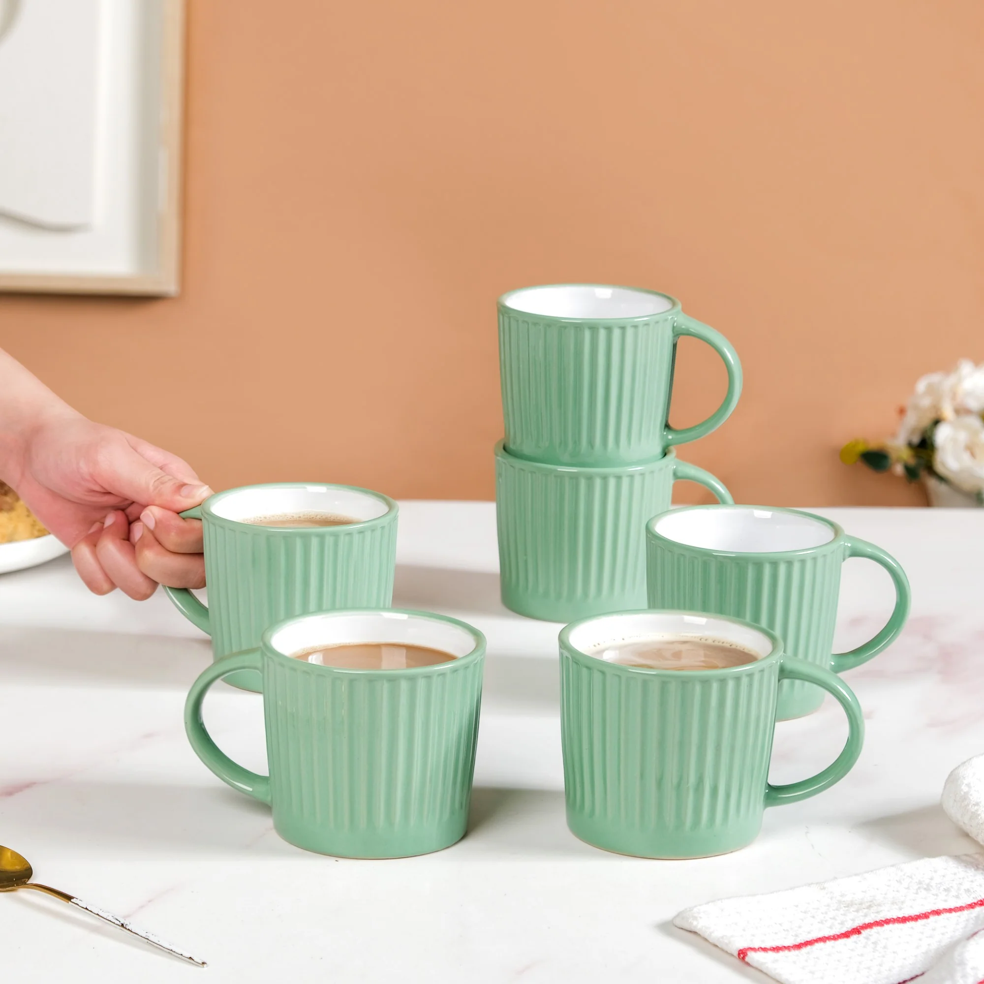 Cresta Set Of 6 Ceramic Coffee Mug Green 300ml - Image 3