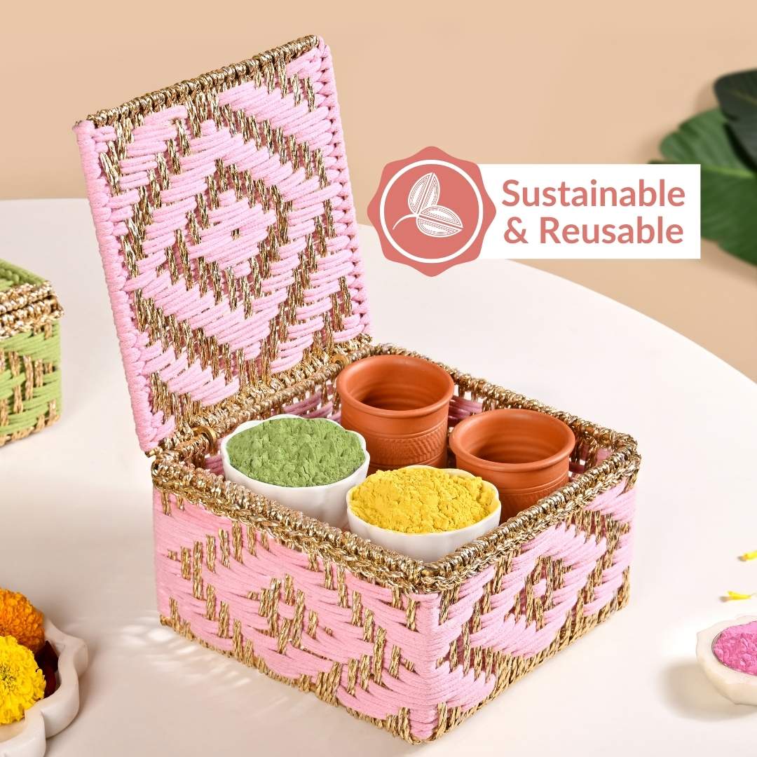 Decorative Multipurpose Handwoven Basket Gold And Pink - Image 10