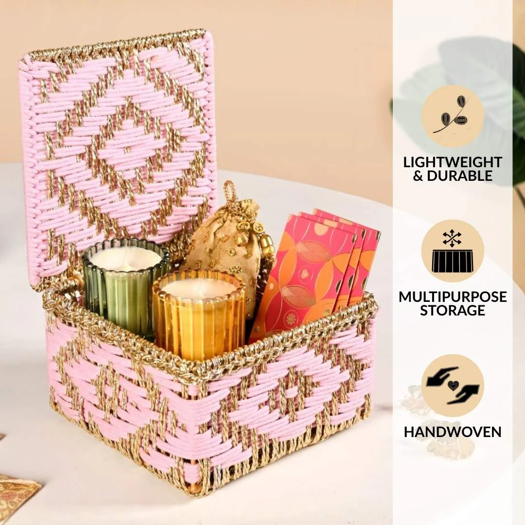 Decorative Multipurpose Handwoven Basket Gold And Pink - Image 3