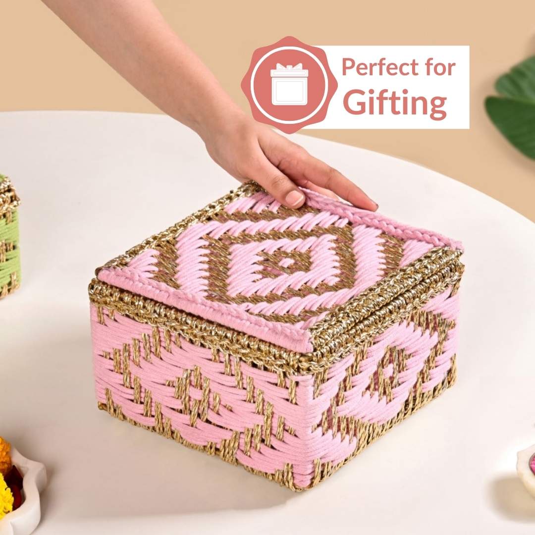 Decorative Multipurpose Handwoven Basket Gold And Pink - Image 6