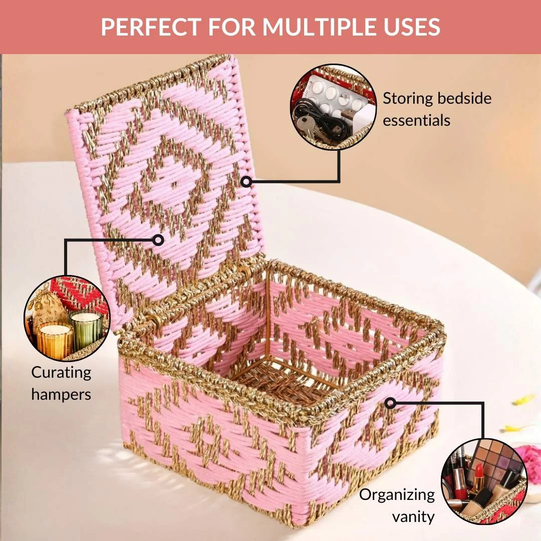 Decorative Multipurpose Handwoven Basket Gold And Pink - Image 8