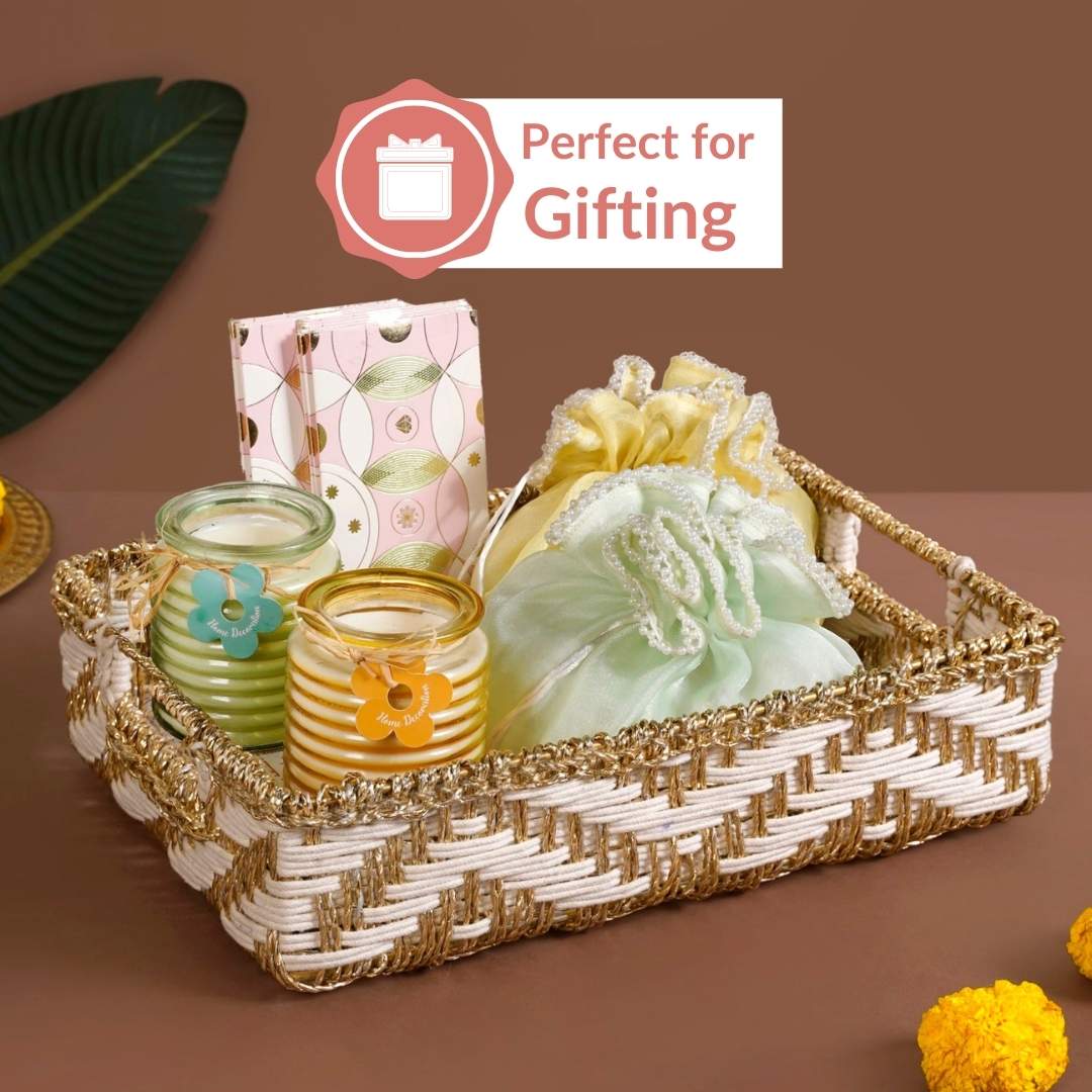 Decorative Woven Gift Hamper Basket White And Gold - Image 6