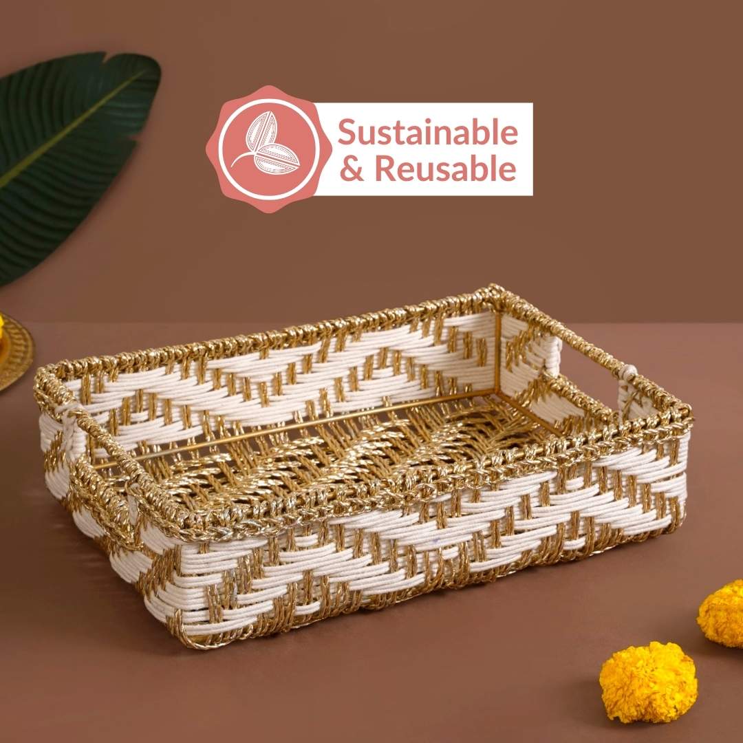 Decorative Woven Gift Hamper Basket White And Gold - Image 9