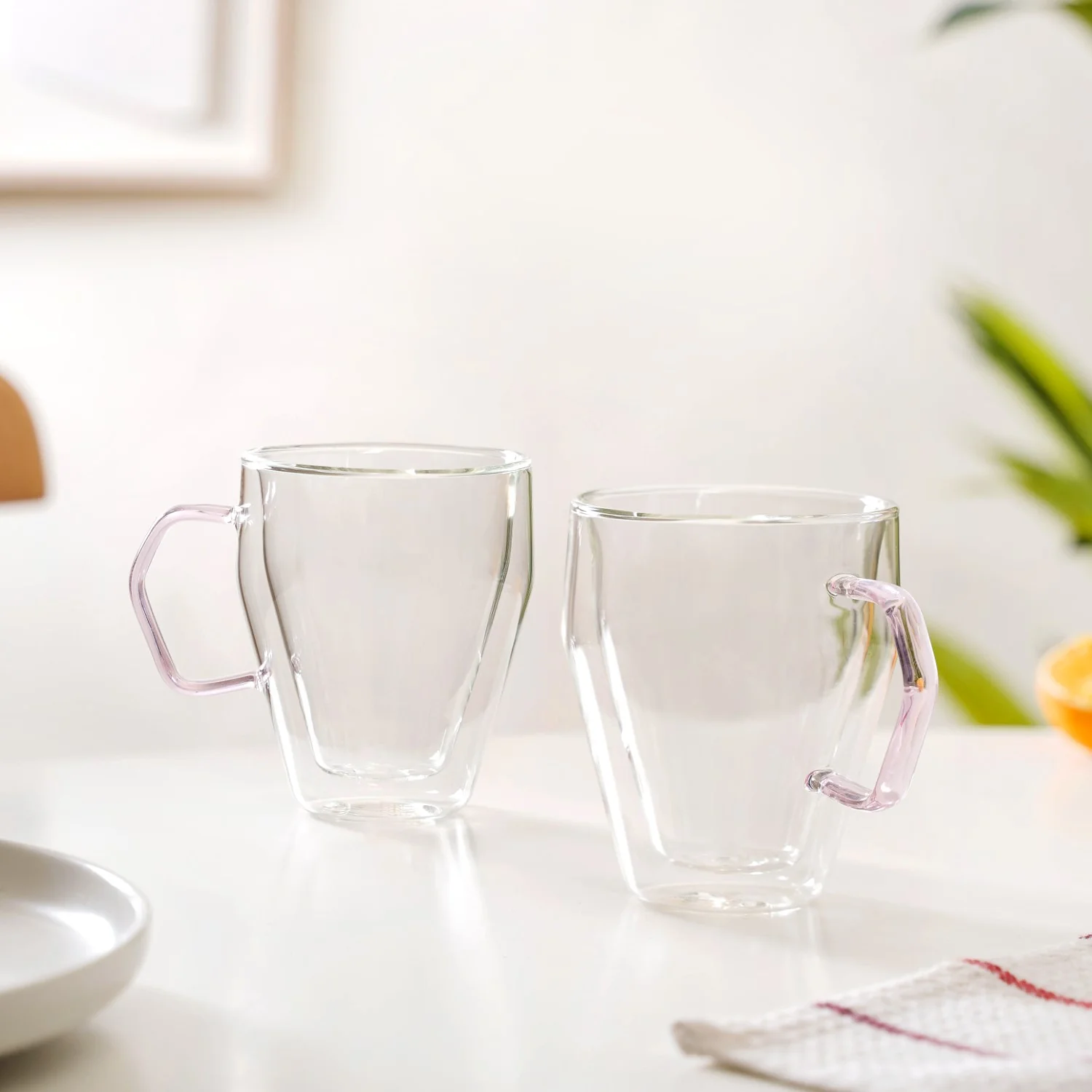 Double Wall Glass Coffee Mug With Pink Handle Set Of 2 250ml - Image 3