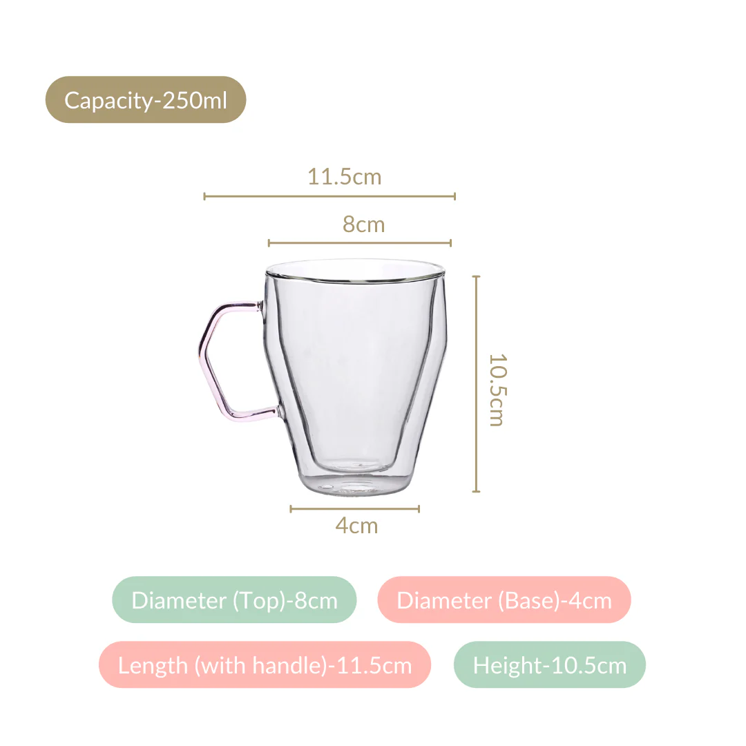 Double Wall Glass Coffee Mug With Pink Handle Set Of 2 250ml - Image 4