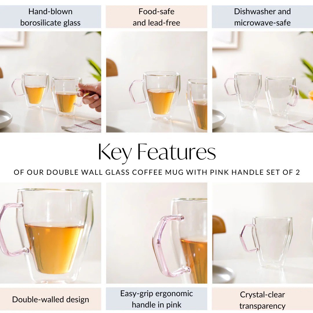 Double Wall Glass Coffee Mug With Pink Handle Set Of 2 250ml - Image 5