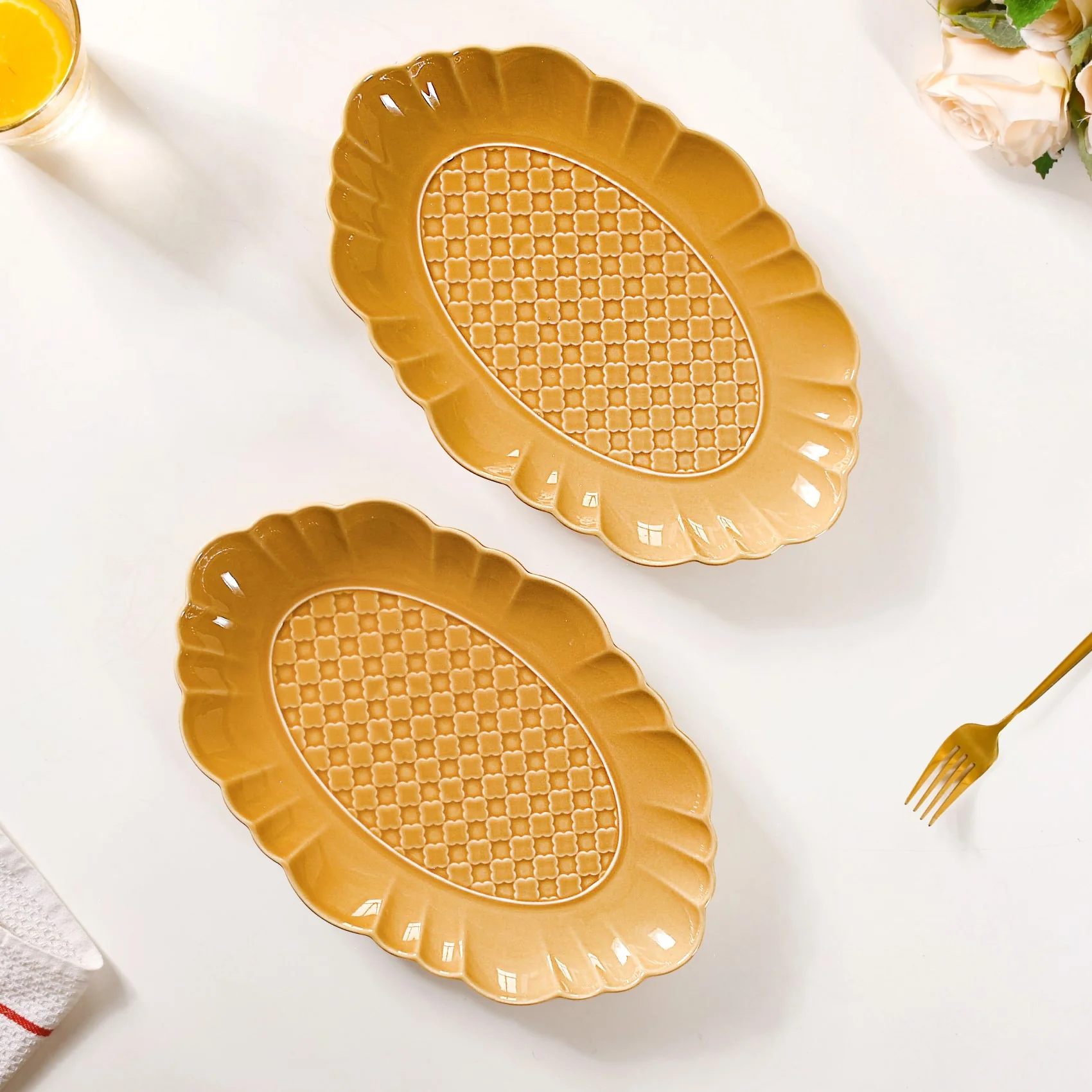 Exotic Moroccan Motif Platter Yellow Ochre Set Of 2 12 Inch - Image 7