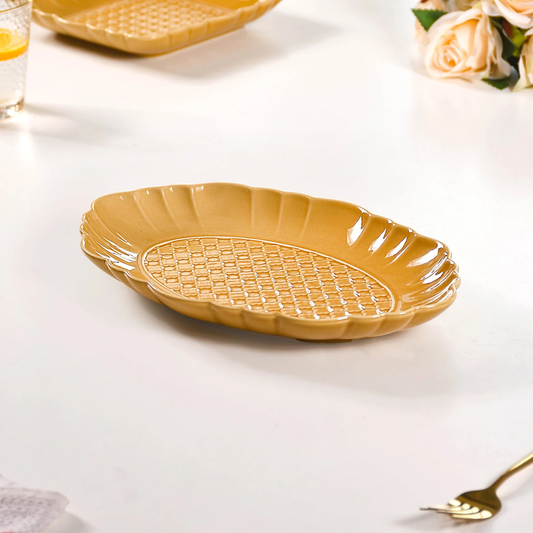 Exotic Moroccan Motif Platter Yellow Ochre Set Of 2 12 Inch - Image 8