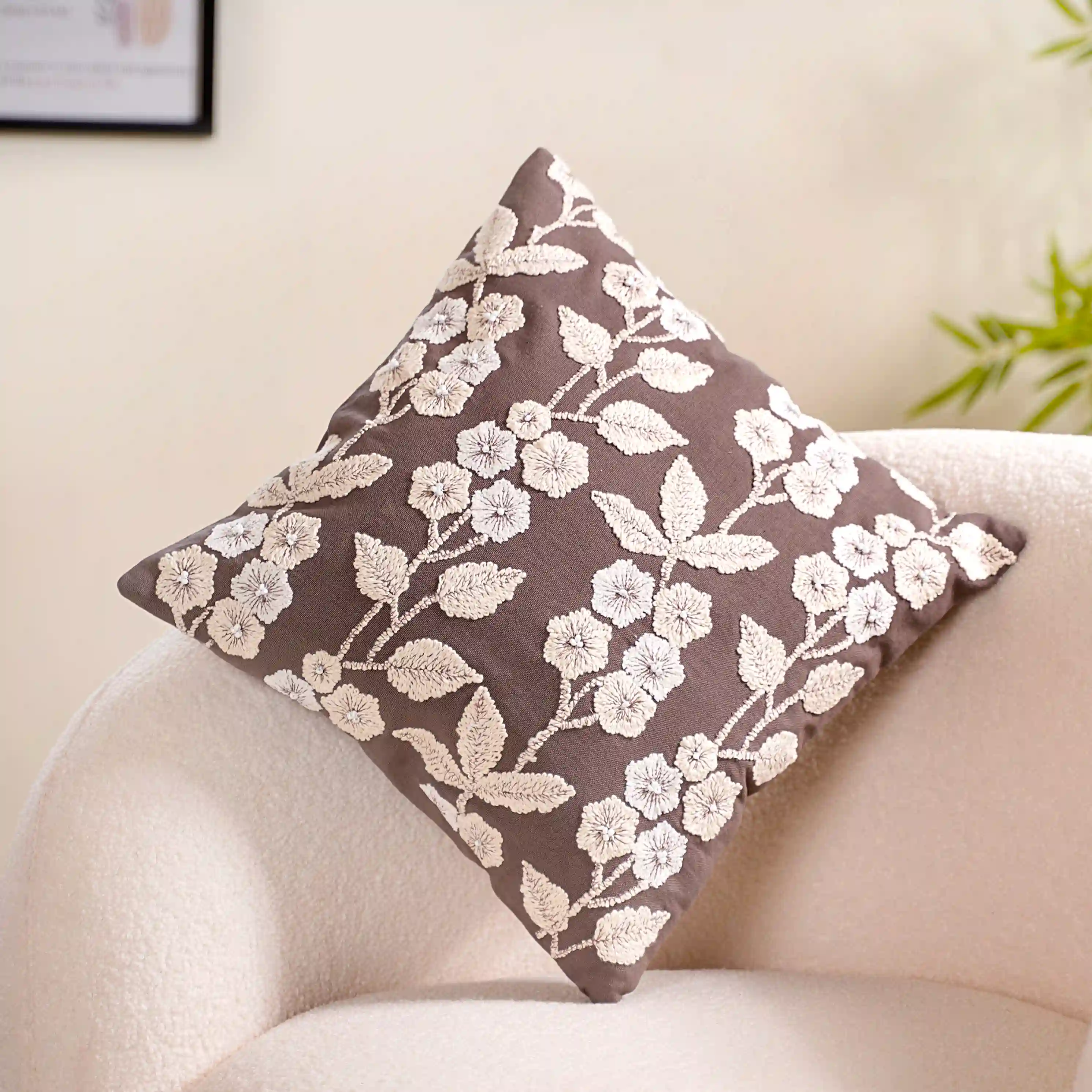 Floral Beadwork Cushion Cover Taupe 16x16 Inch - Image 3