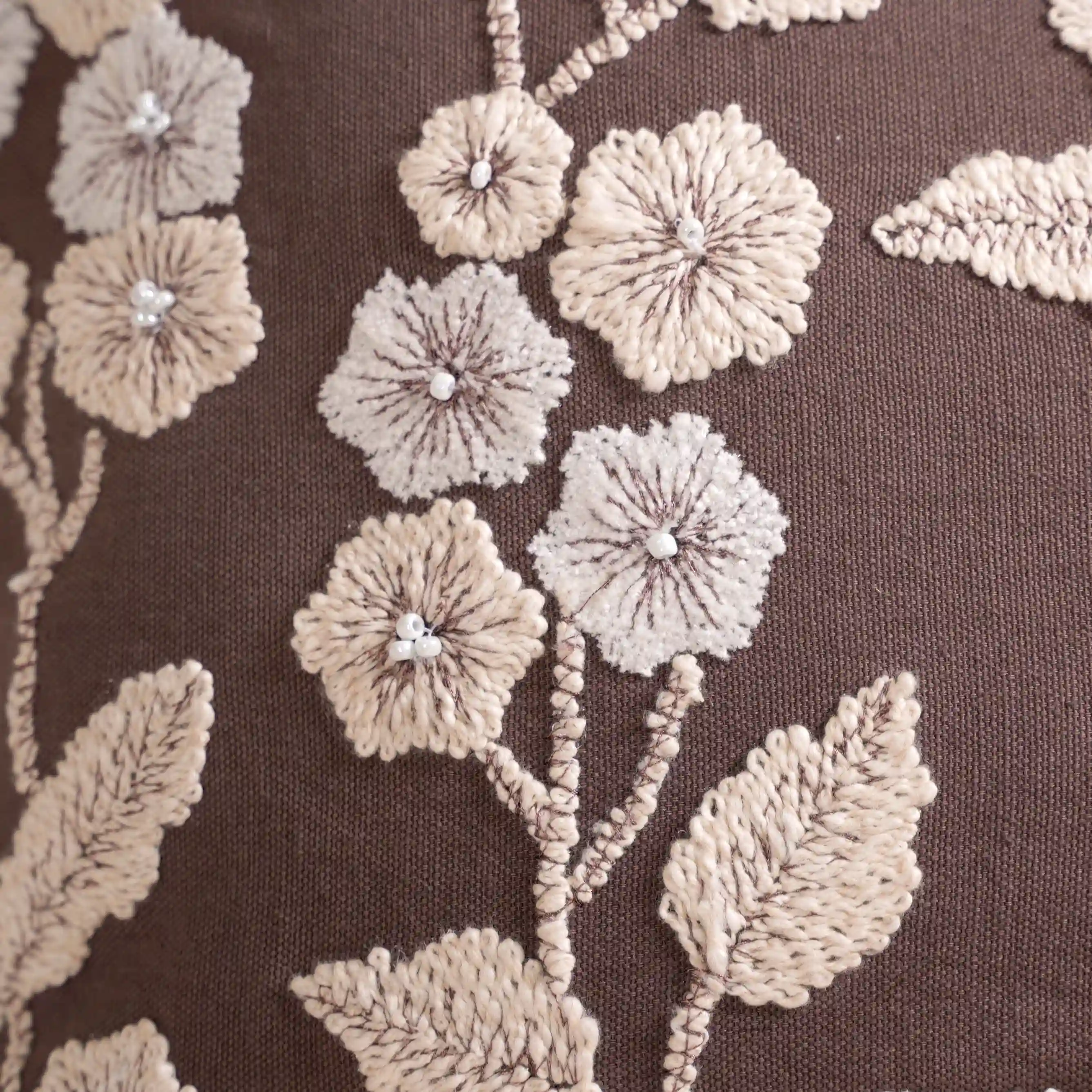 Floral Beadwork Cushion Cover Taupe 16x16 Inch - Image 4