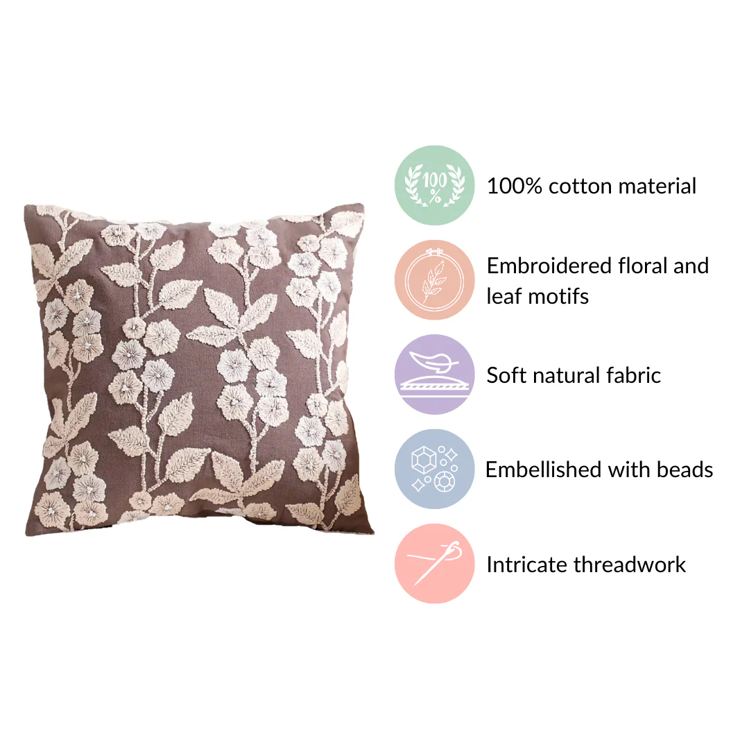 Floral Beadwork Cushion Cover Taupe 16x16 Inch - Image 5