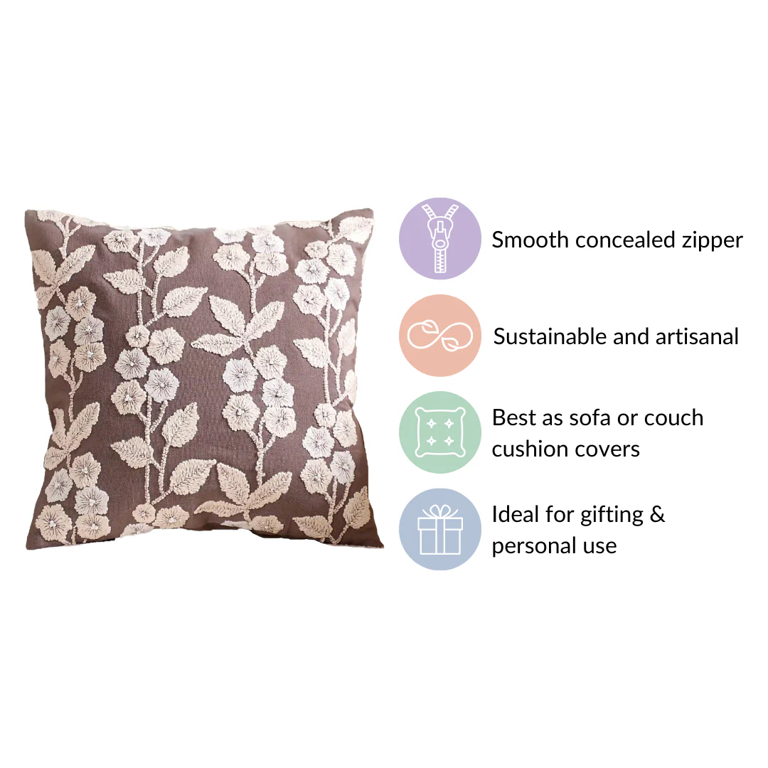 Floral Beadwork Cushion Cover Taupe 16x16 Inch - Image 6