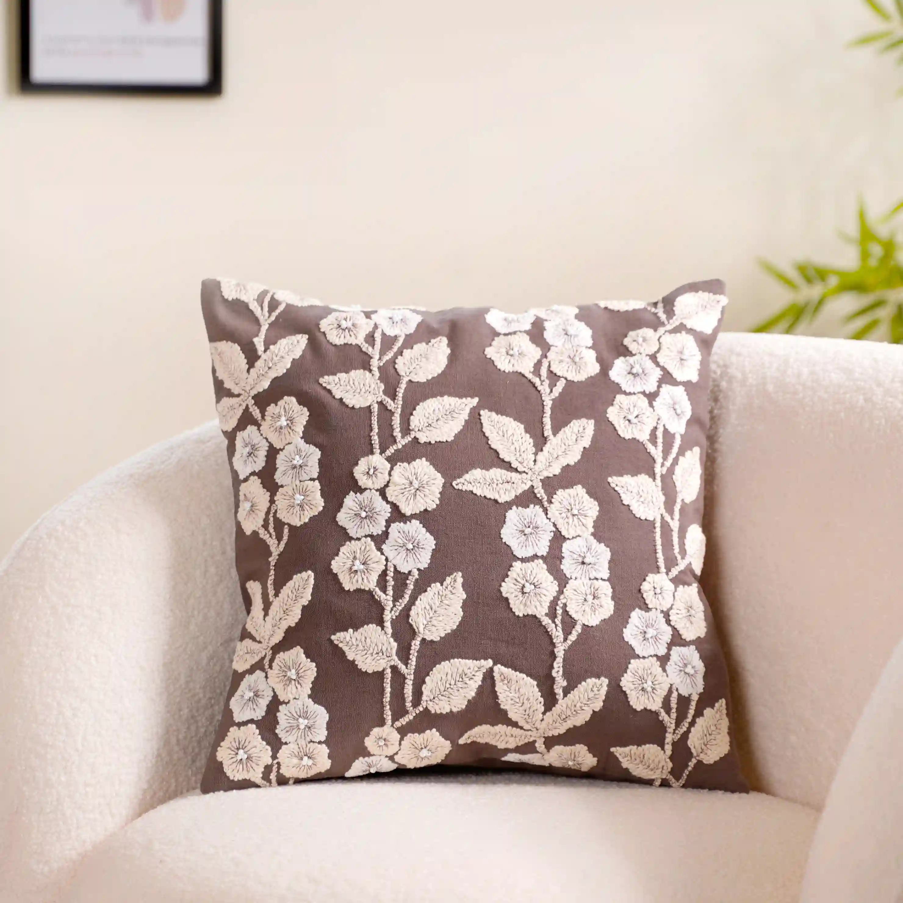 Floral Beadwork Cushion Cover Taupe 16x16 Inch - Image 9