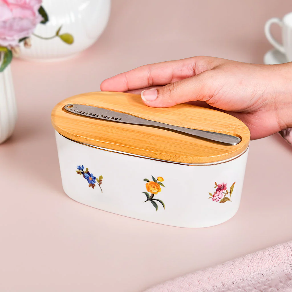 Floral Ceramic Butter Dish With Lid And Knife - Image 3