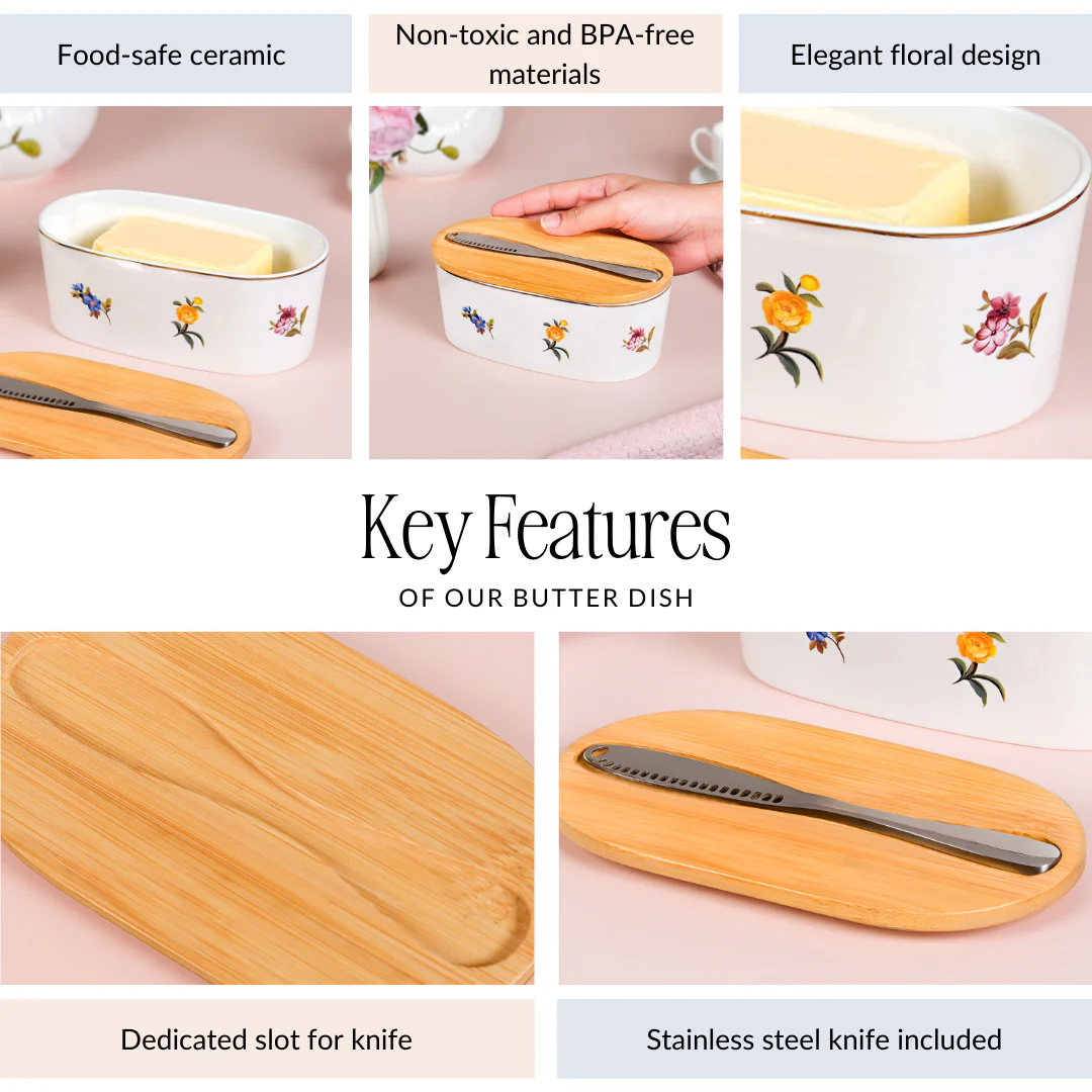 Floral Ceramic Butter Dish With Lid And Knife - Image 5