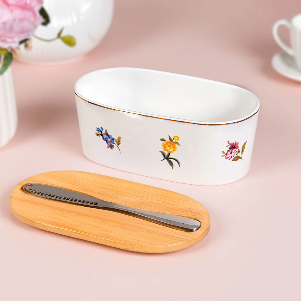 Floral Ceramic Butter Dish With Lid And Knife - Image 6