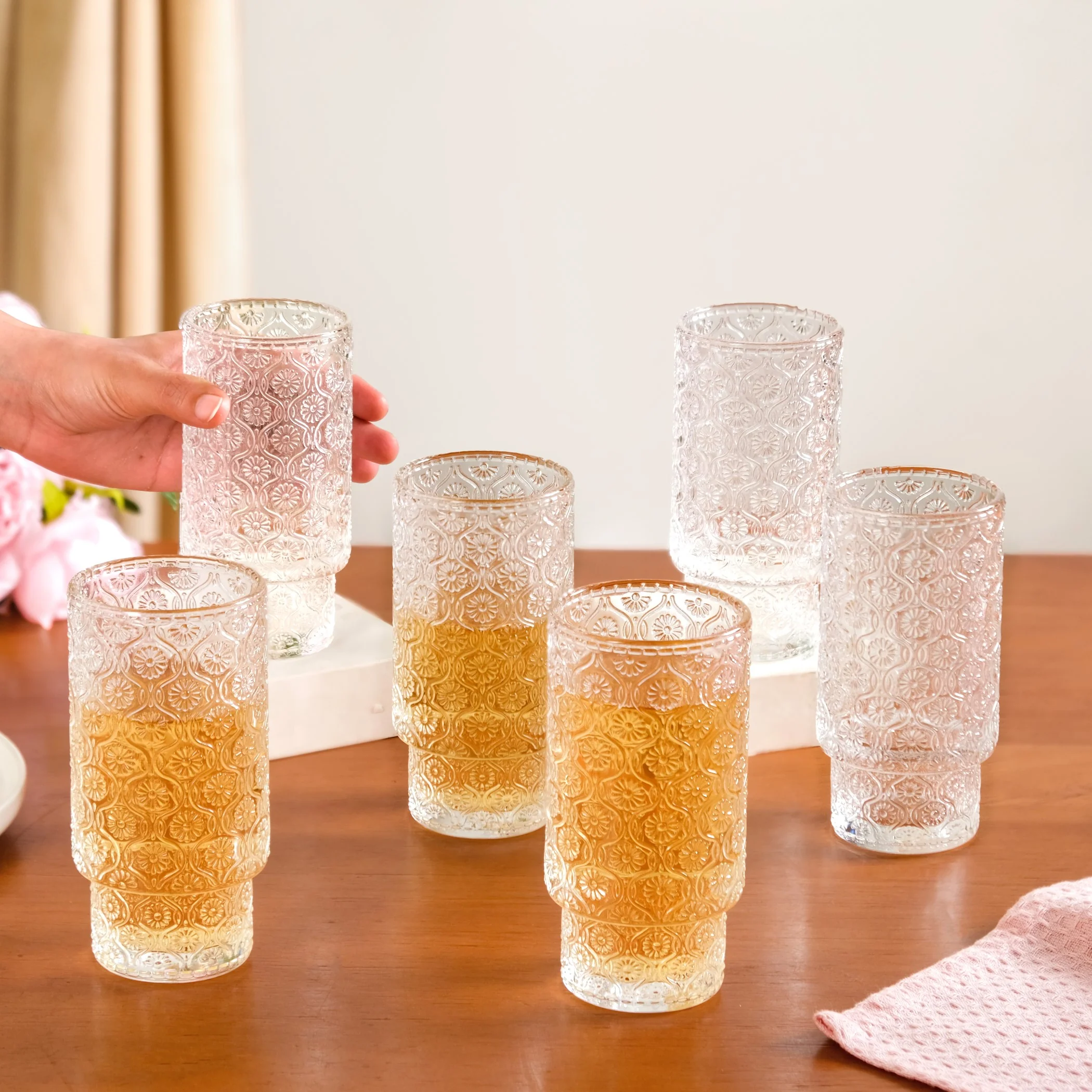 Floral Embossed Tall Glass Tumblers Set Of 6 330ml - Image 3