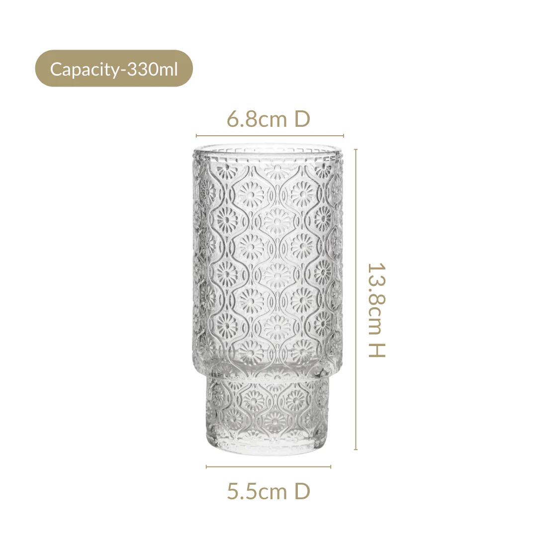 Floral Embossed Tall Glass Tumblers Set Of 6 330ml - Image 4