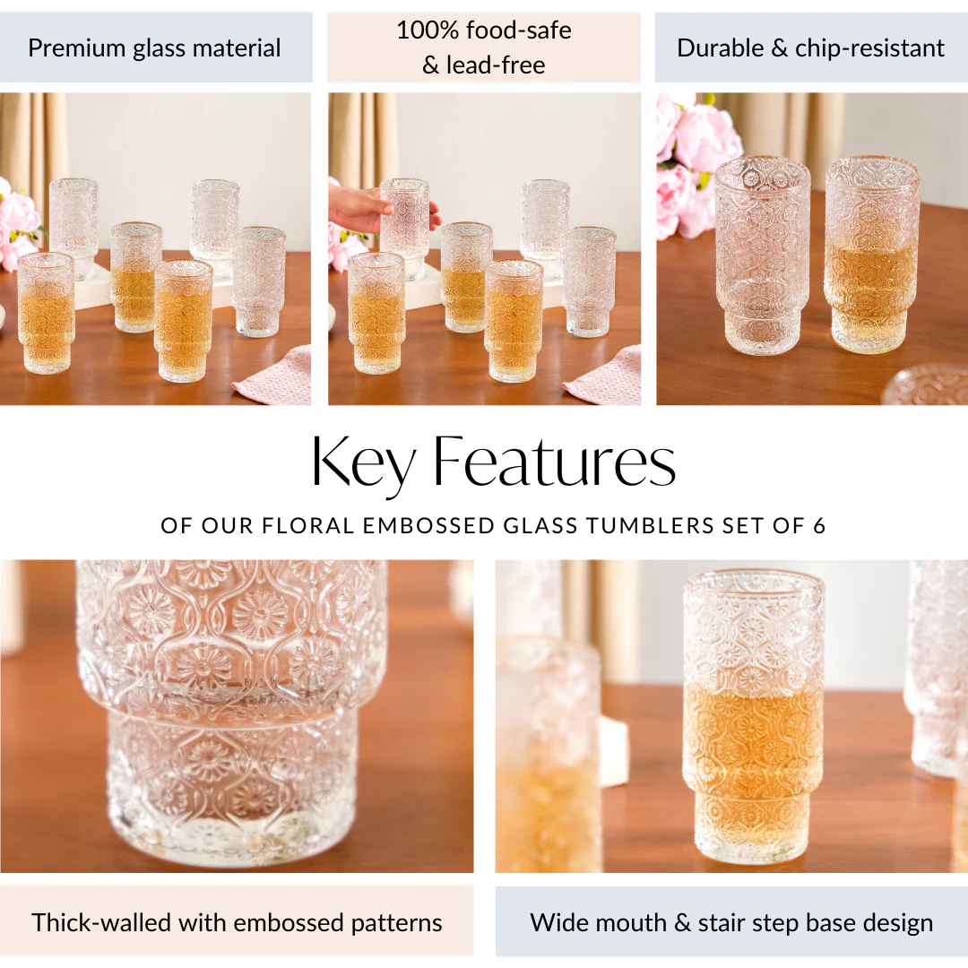 Floral Embossed Tall Glass Tumblers Set Of 6 330ml - Image 5