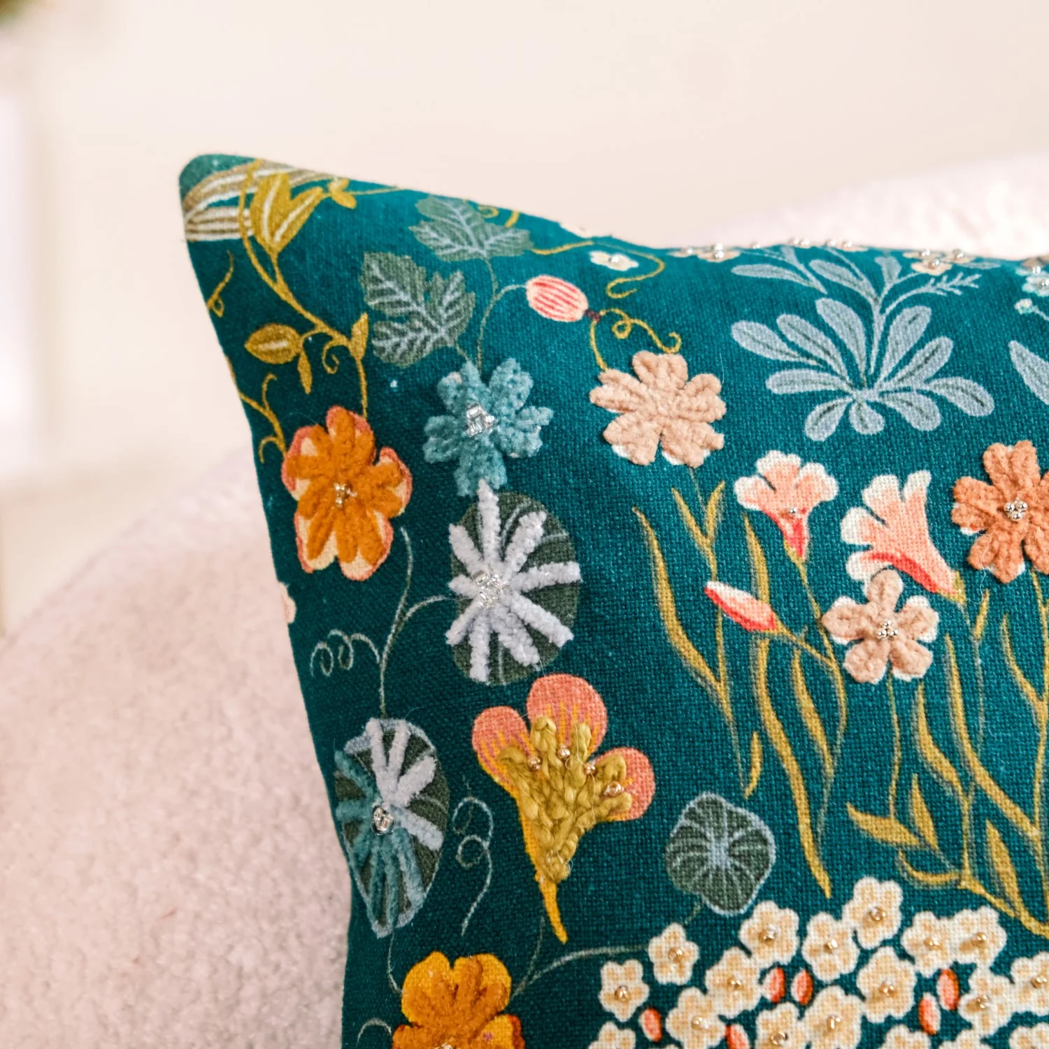 Floral Whimsy Dark Green Embroidered Cushion Cover 20x14 Inch - Image 3