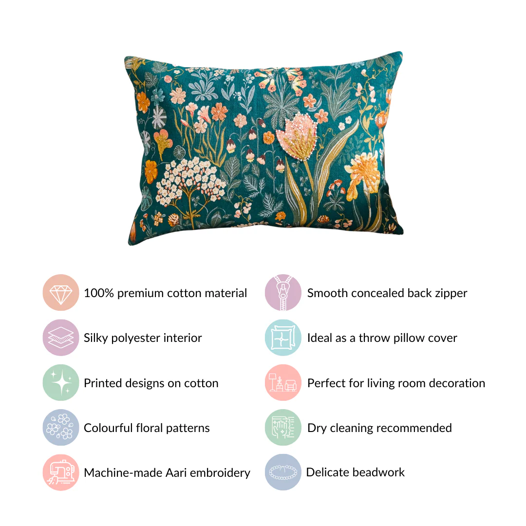 Floral Whimsy Dark Green Embroidered Cushion Cover 20x14 Inch - Image 4