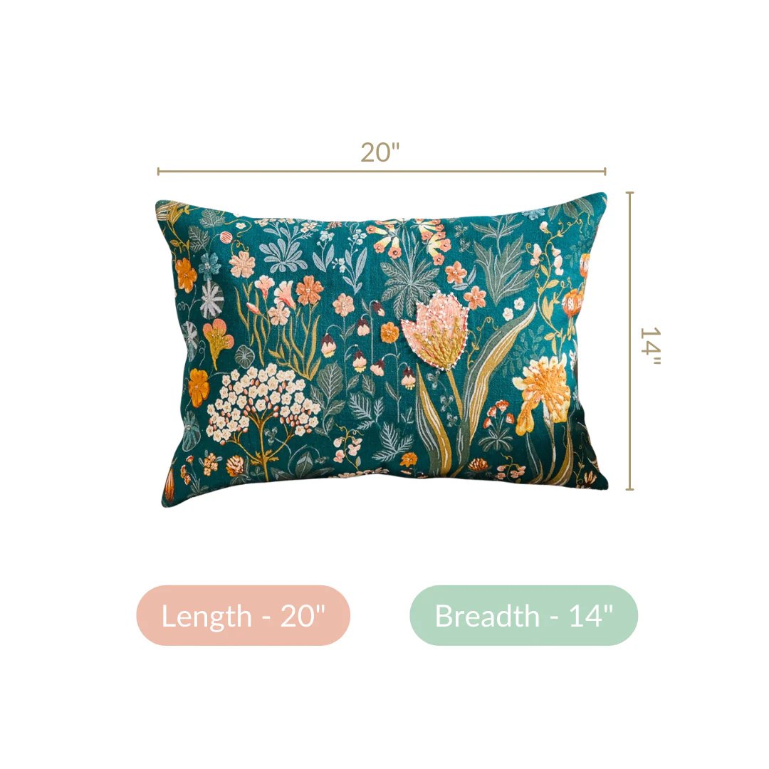 Floral Whimsy Dark Green Embroidered Cushion Cover 20x14 Inch - Image 5
