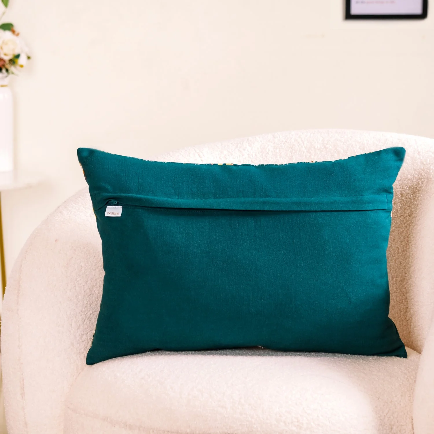 Floral Whimsy Dark Green Embroidered Cushion Cover 20x14 Inch - Image 6