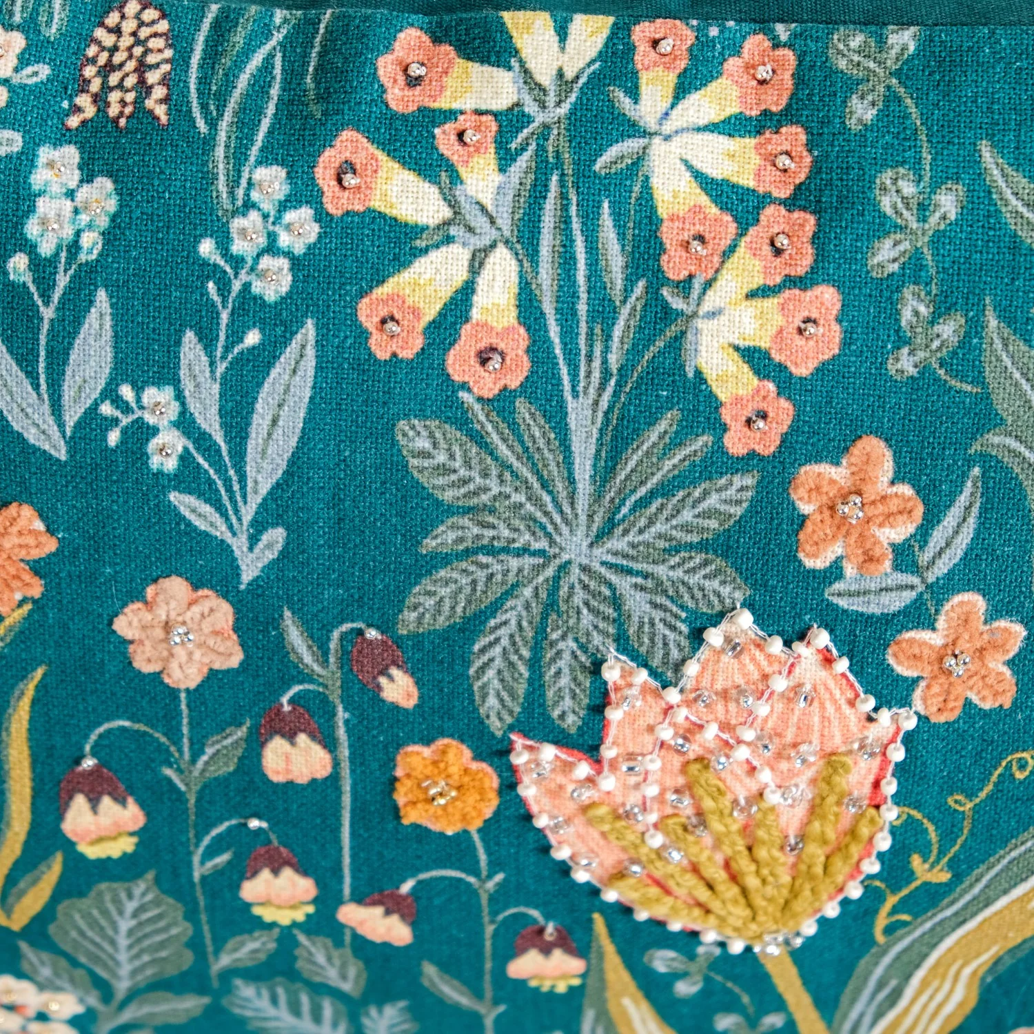 Floral Whimsy Dark Green Embroidered Cushion Cover 20x14 Inch - Image 7