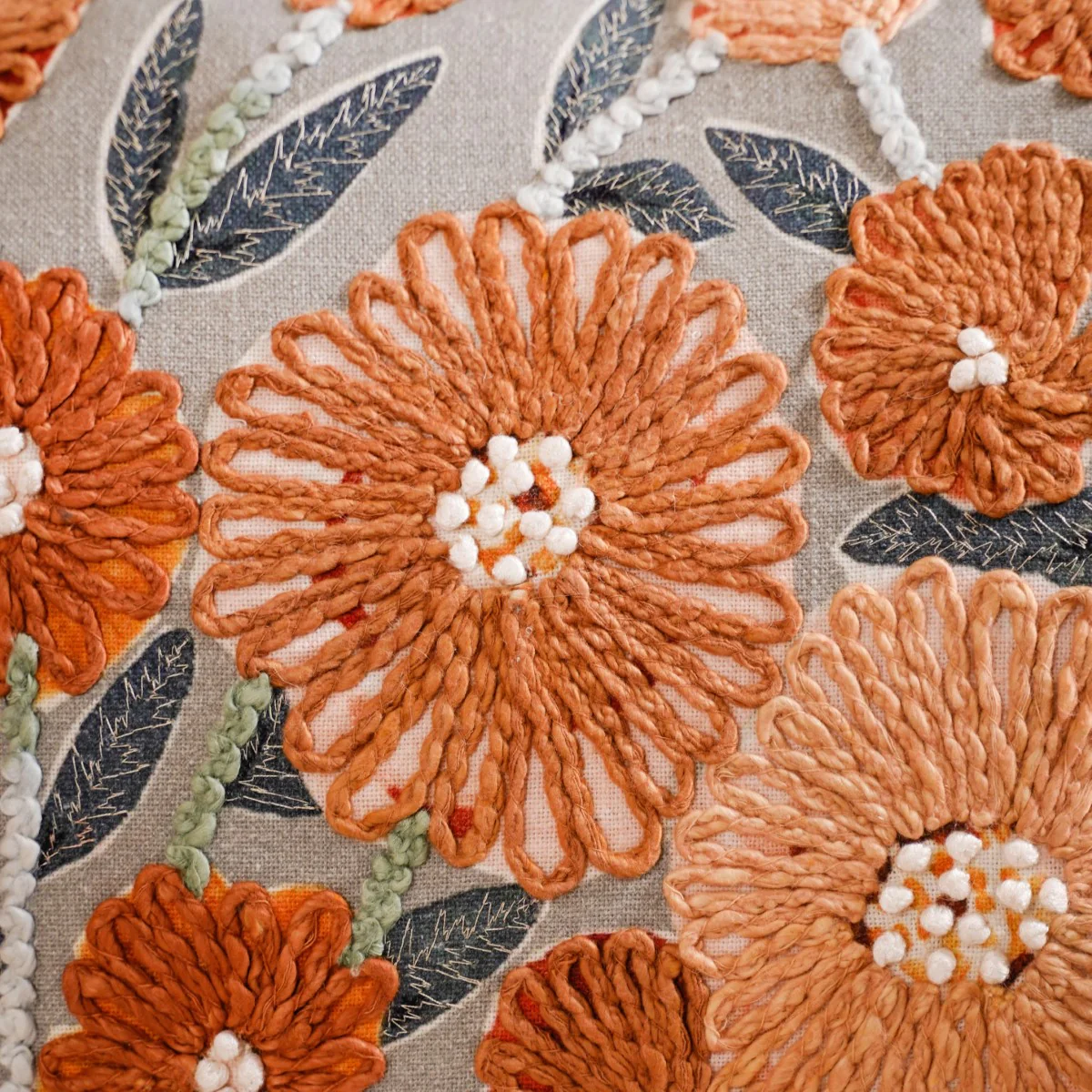 French Knot Embroidered Floral Cushion Cover 20x14 Inch - Image 3