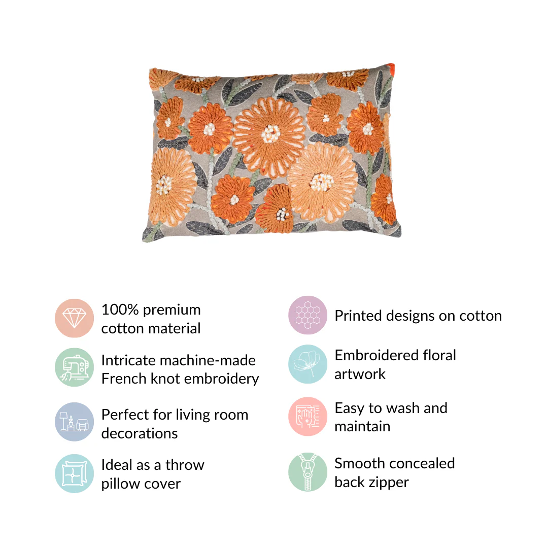 French Knot Embroidered Floral Cushion Cover 20x14 Inch - Image 4