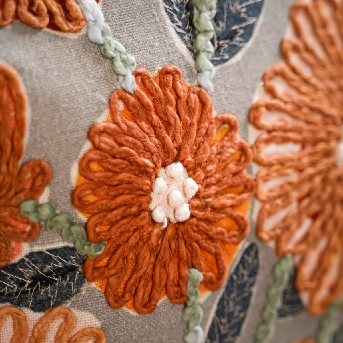 French Knot Embroidered Floral Cushion Cover 20x14 Inch - Image 6