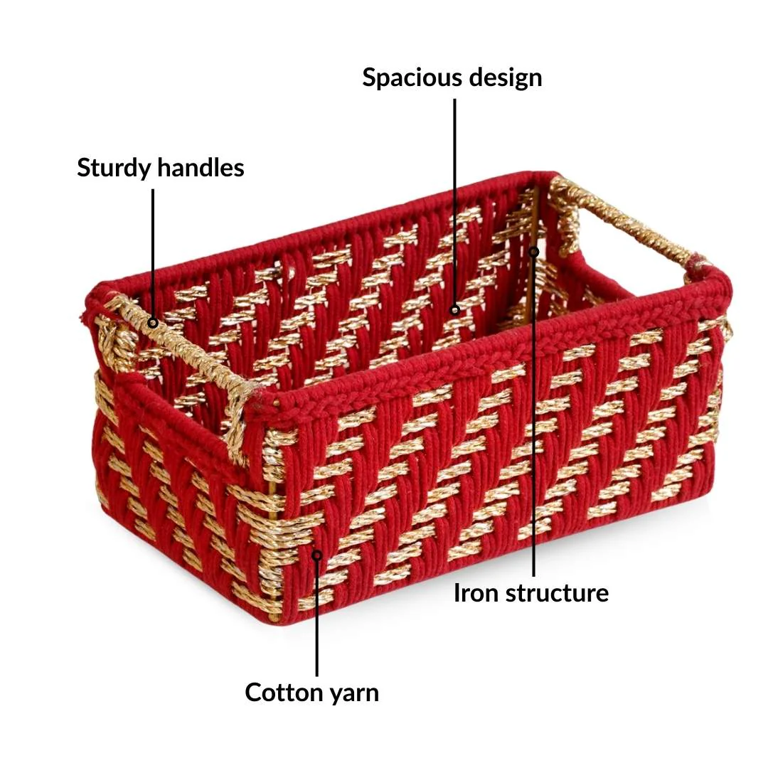 Handwoven Gift Basket With Handles Red And Gold - Image 3