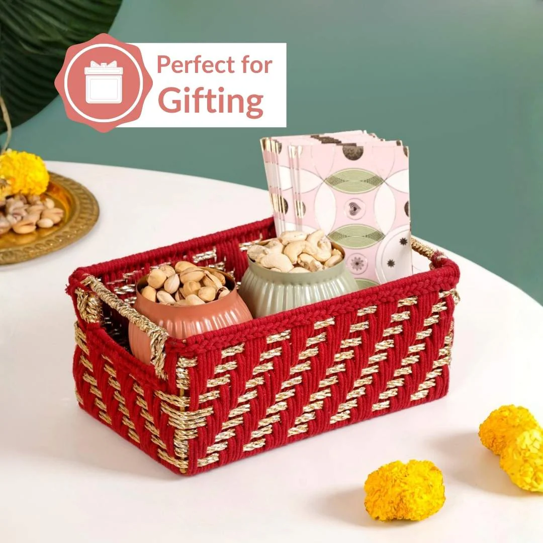 Handwoven Gift Basket With Handles Red And Gold - Image 5