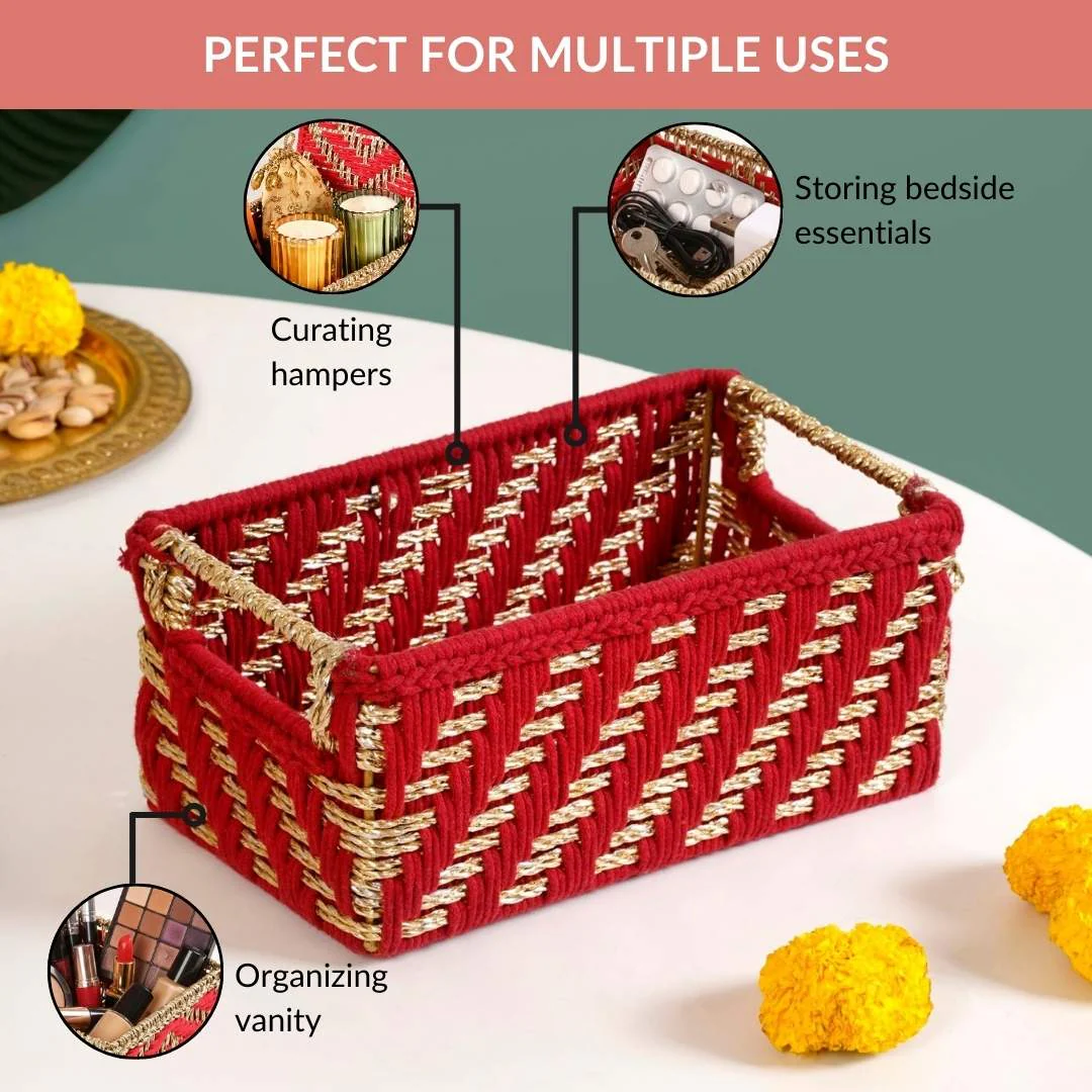 Handwoven Gift Basket With Handles Red And Gold - Image 7