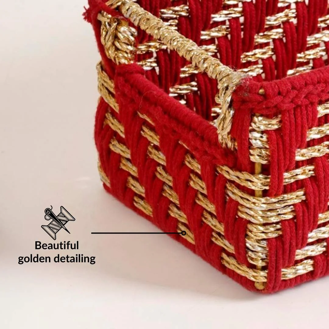 Handwoven Gift Basket With Handles Red And Gold - Image 8