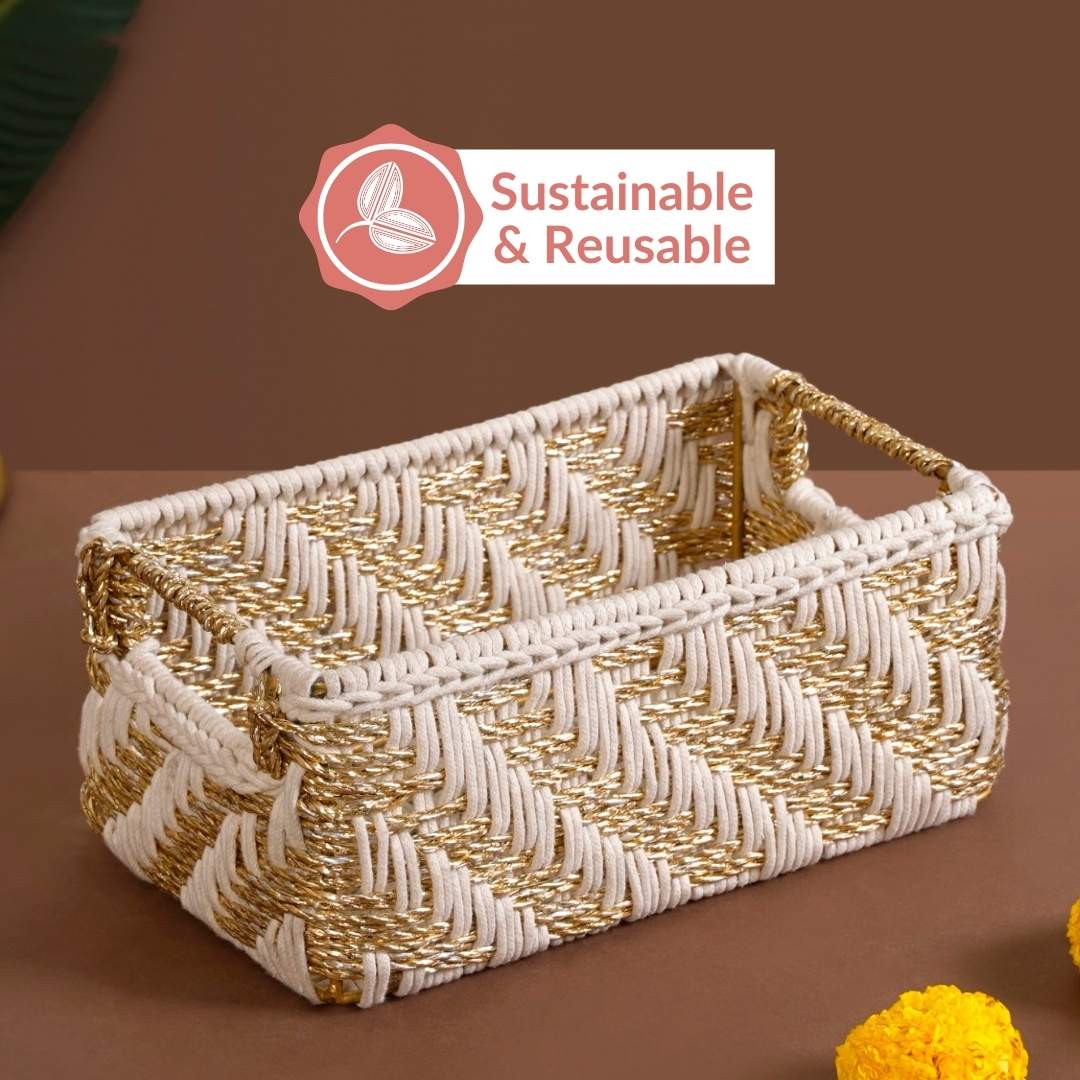 Handwoven Gift Basket With Handles White And Gold - Image 10