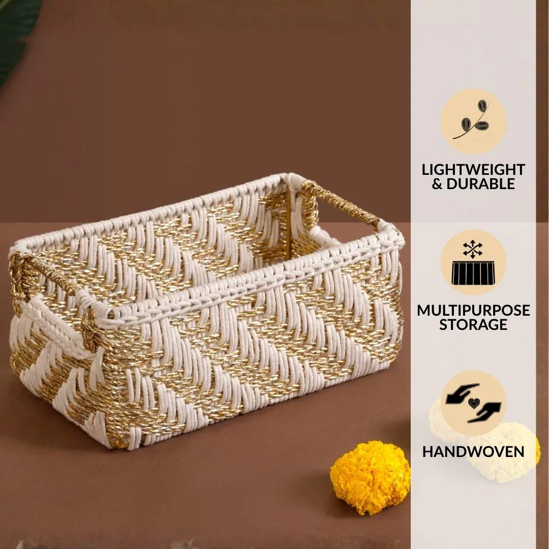Handwoven Gift Basket With Handles White And Gold - Image 3