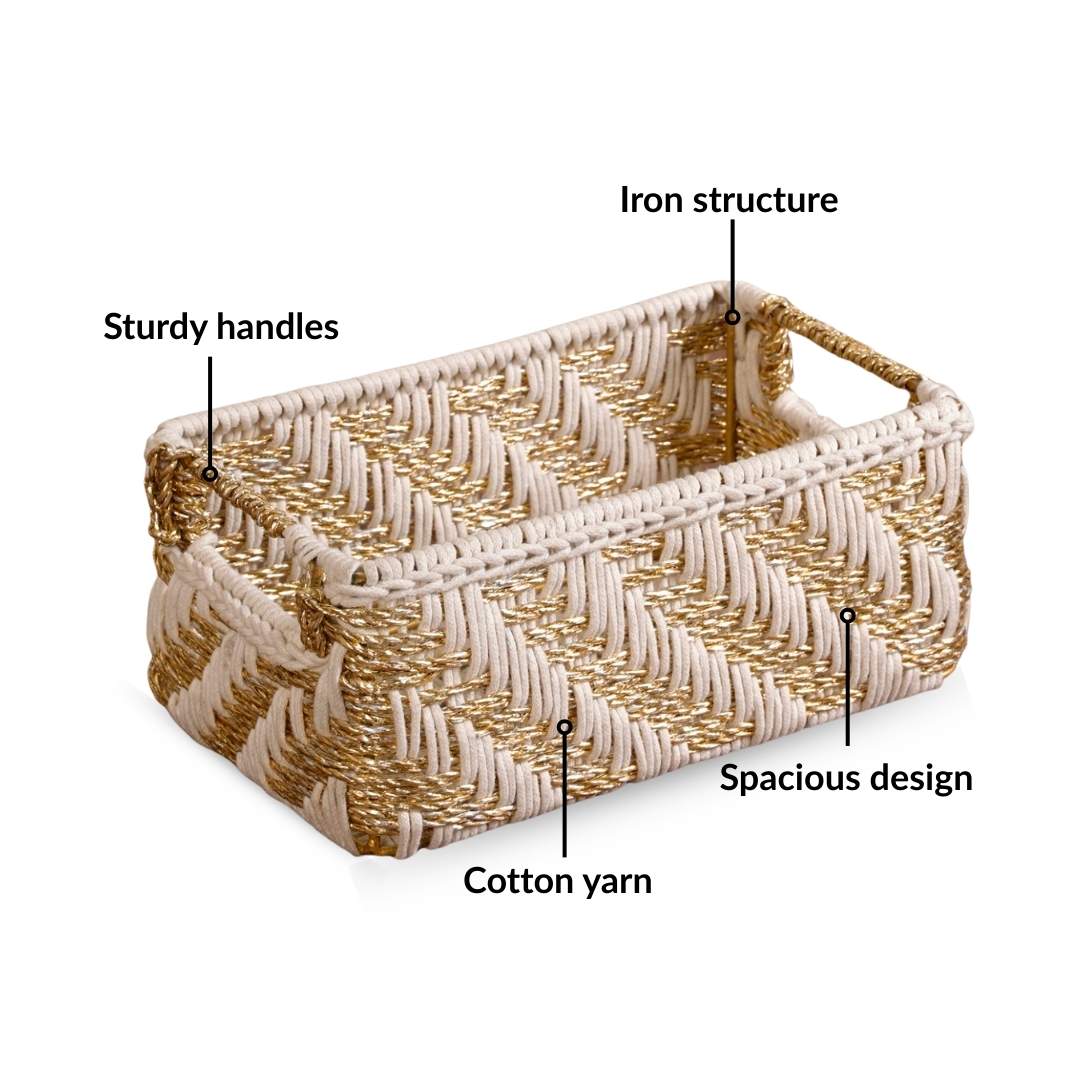 Handwoven Gift Basket With Handles White And Gold - Image 4