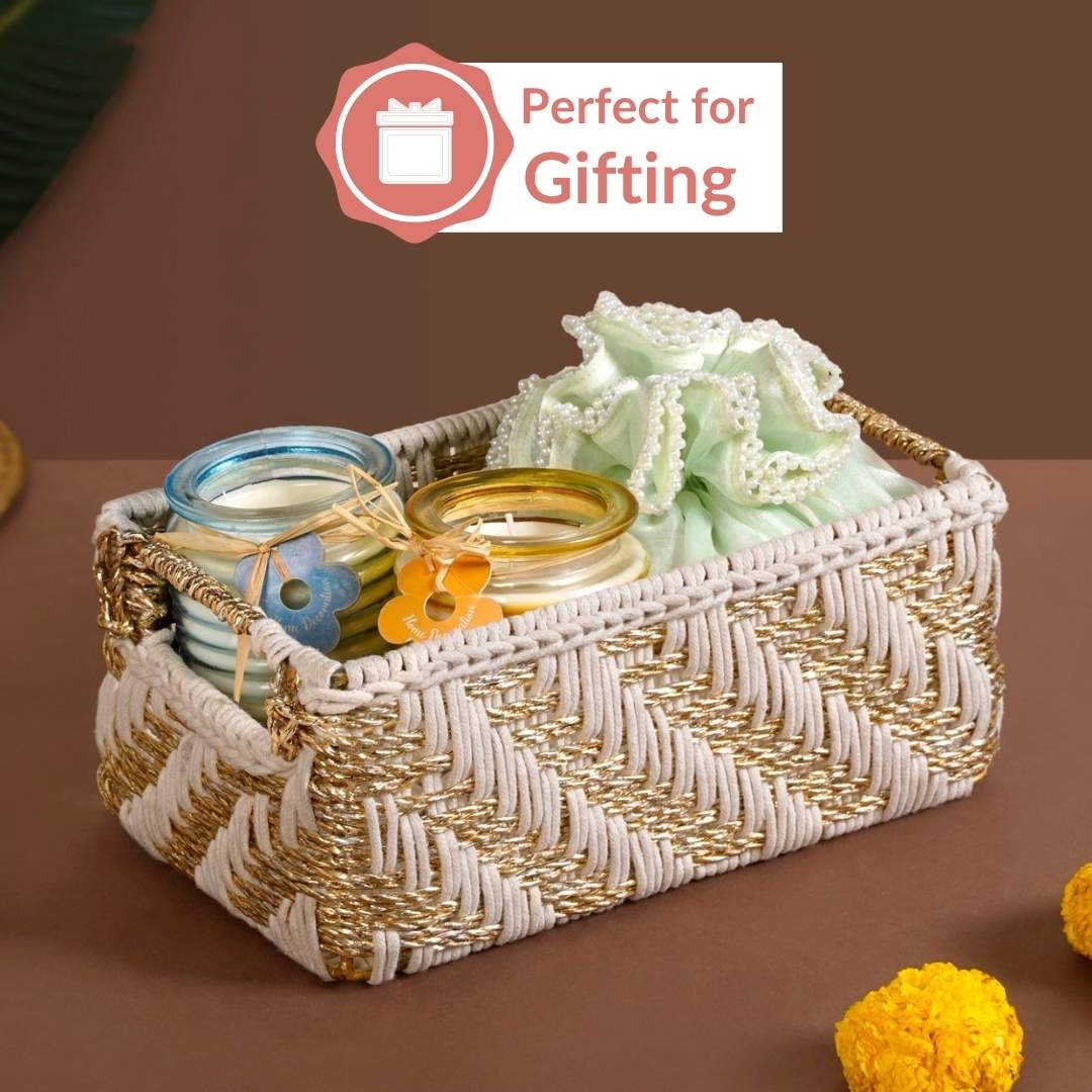 Handwoven Gift Basket With Handles White And Gold - Image 6