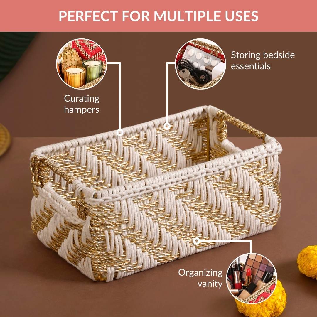 Handwoven Gift Basket With Handles White And Gold - Image 8