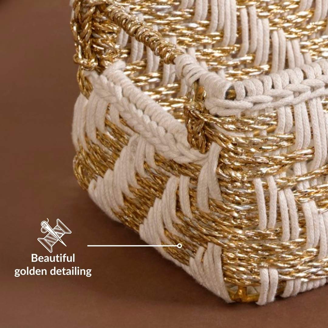 Handwoven Gift Basket With Handles White And Gold - Image 9