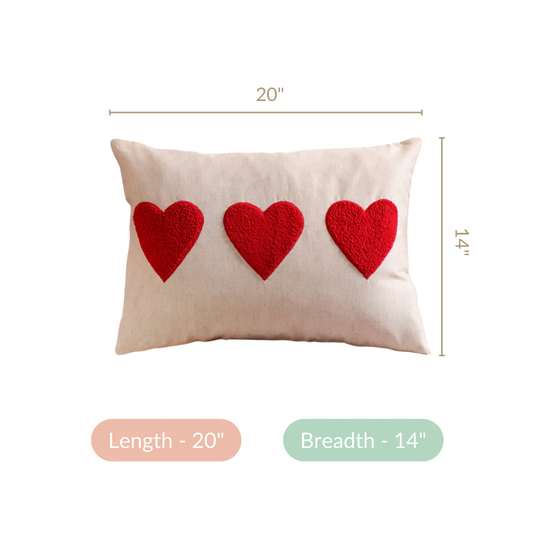 Heart Trio Fluffy Applique Cotton Cushion Cover 20x14 Inch - Image 4