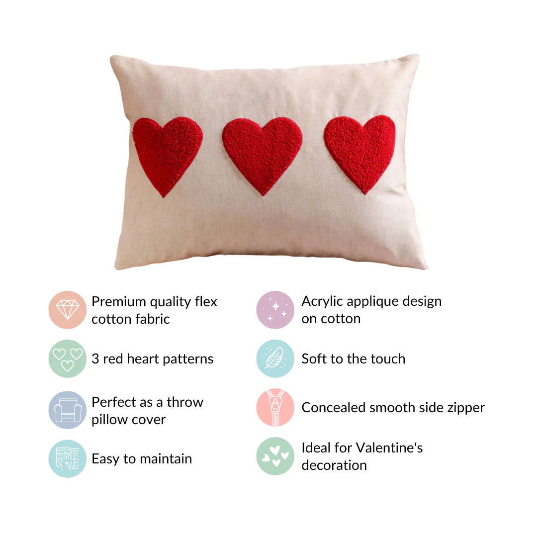 Heart Trio Fluffy Applique Cotton Cushion Cover 20x14 Inch - Image 5